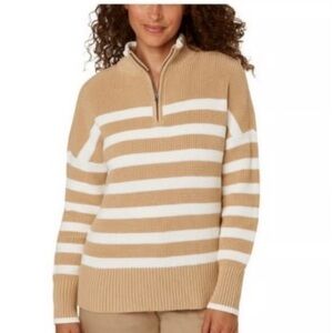 Lands end Striped Tan and White Women's Sweater half zip